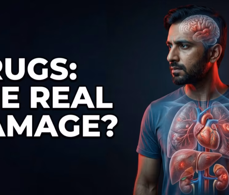 Realistic medical illustration showing how drug abuse damages major organs, including the brain, heart, lungs, liver, and kidneys.