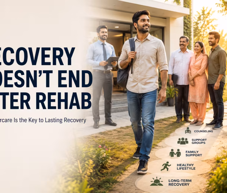 Pakistani man leaving a rehabilitation centre with family and therapist support, symbolizing addiction recovery, aftercare, relapse prevention, and long-term healing after rehab.