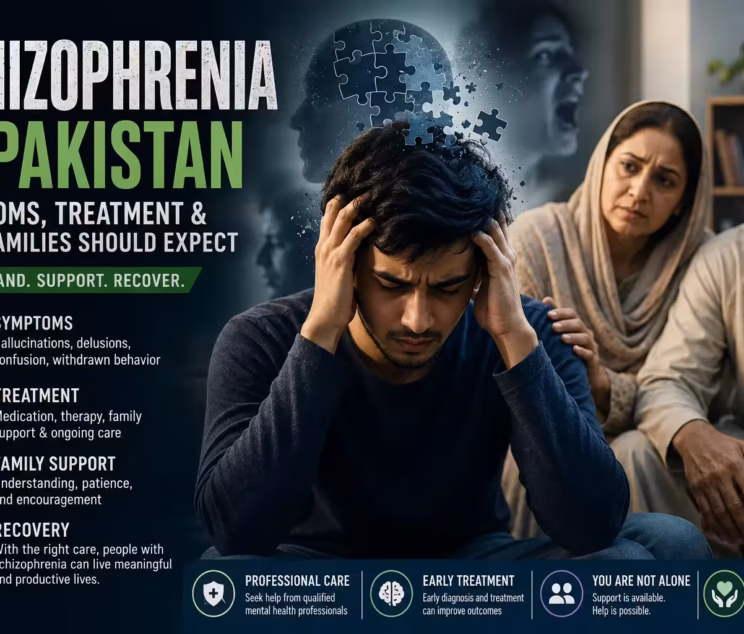 Young Pakistani man experiencing schizophrenia symptoms with concerned family members in the background, illustrating schizophrenia in Pakistan, its symptoms, treatment, and family support.