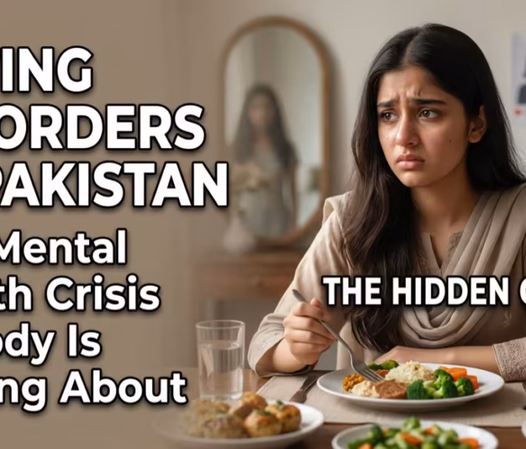 Young Pakistani woman struggling with an eating disorder, sitting at a table with a plate and measuring tape, representing body image concerns and mental health challenges in Pakistan.
