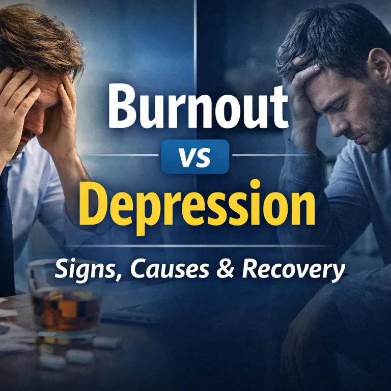 Split image showing burnout vs depression with stressed office worker and sad individual, highlighting mental health treatment at a rehab centre in Islamabad.