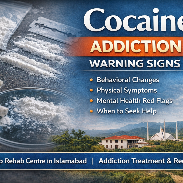 Cocaine addiction warning signs concept image showing drug powder and treatment awareness text promoting rehab centre in Islamabad