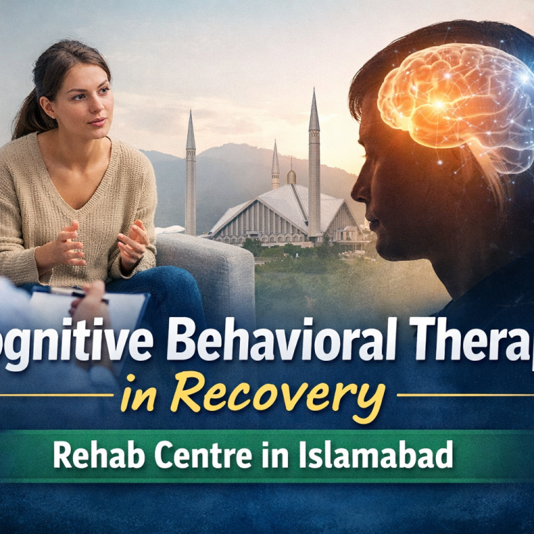Therapist conducting a Cognitive Behavioral Therapy session with a patient, featuring a glowing brain illustration and Faisal Mosque in Islamabad in the background, promoting CBT for addiction recovery at a rehab centre in Islamabad.