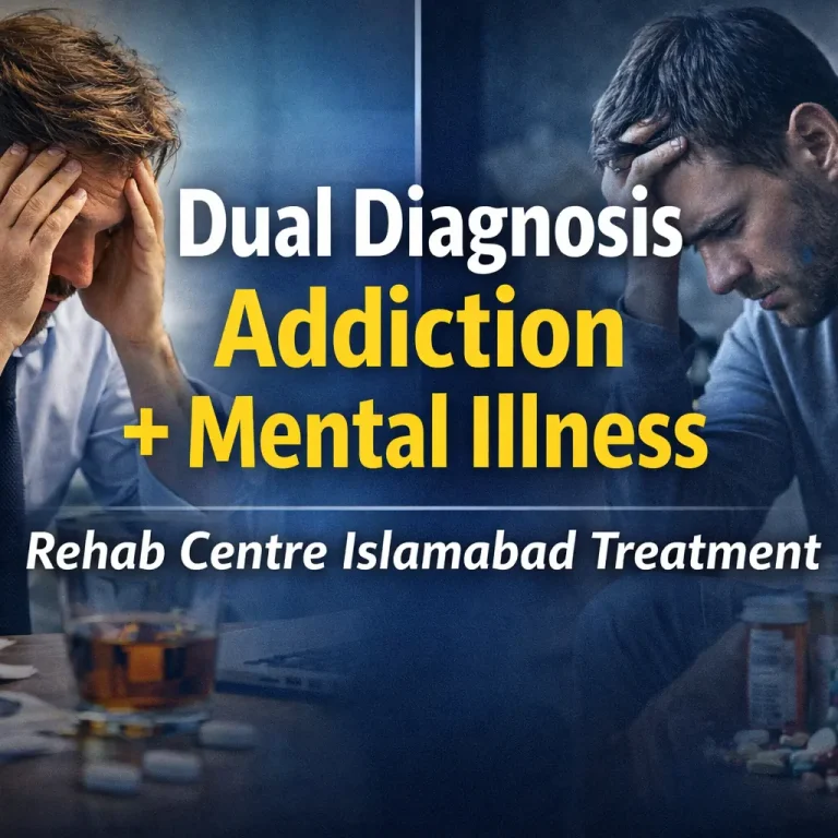 Split illustration of addiction and mental illness showing a person struggling with alcohol and mental health, representing dual diagnosis treatment at a rehab centre in Islamabad.