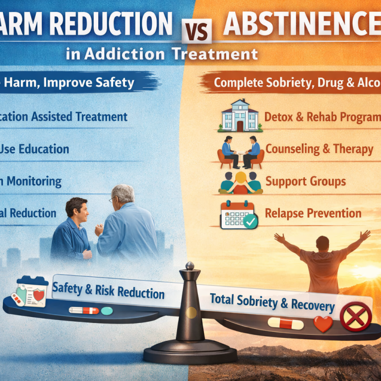 Harm reduction vs abstinence infographic for addiction treatment, comparing safety-focused care with detox and rehab programs in Islamabad.