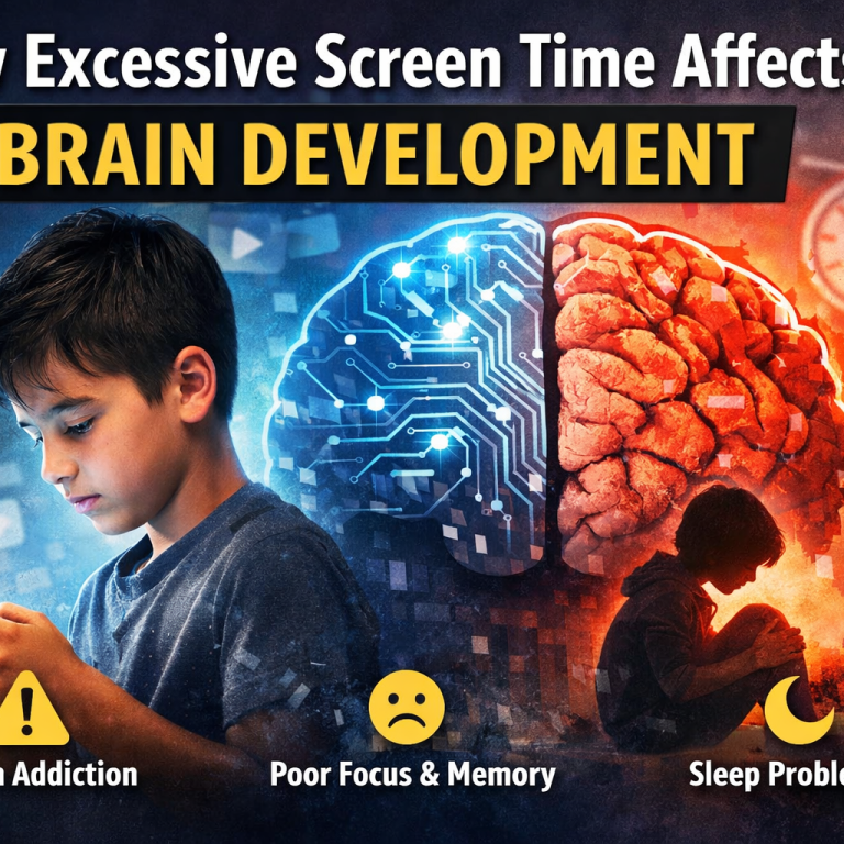 Child looking at smartphone with brain illustration showing the effects of excessive screen time, highlighting screen addiction, poor focus, and sleep problems.