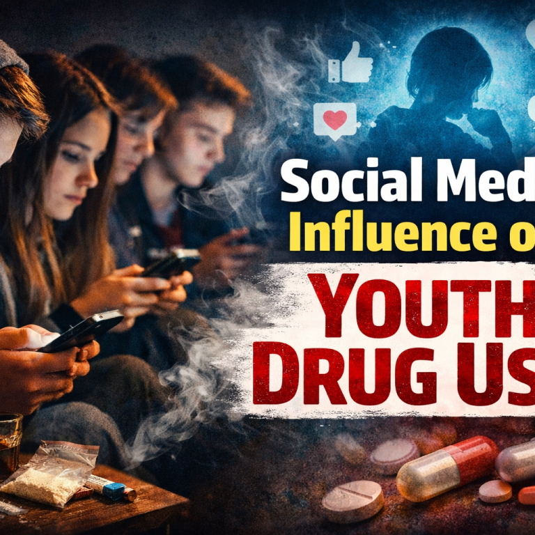 Teenagers using smartphones with drugs visible, showing the influence of social media on youth drug use and addiction.
