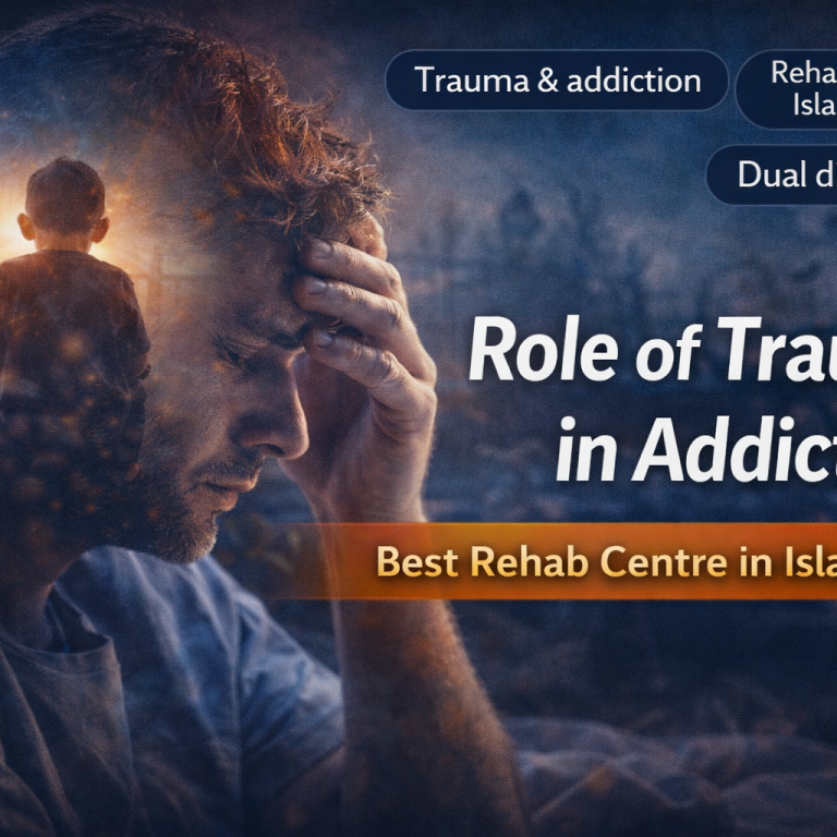 Digital thumbnail showing a distressed man reflecting on childhood trauma, highlighting the role of trauma in addiction, with text promoting rehab centres in Islamabad.